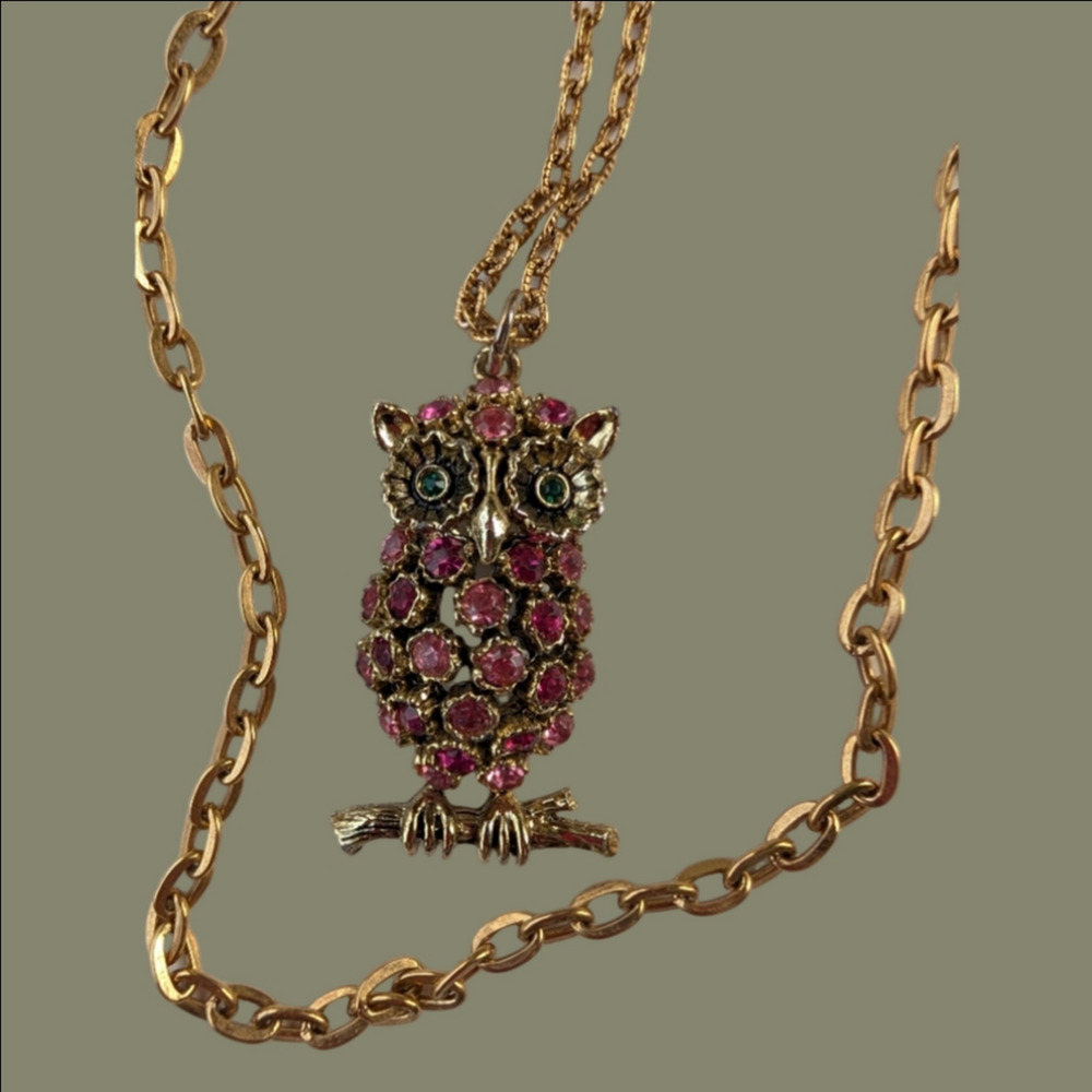 Vintage Pink Owl Pendant With Double Chain Necklace From The 70s